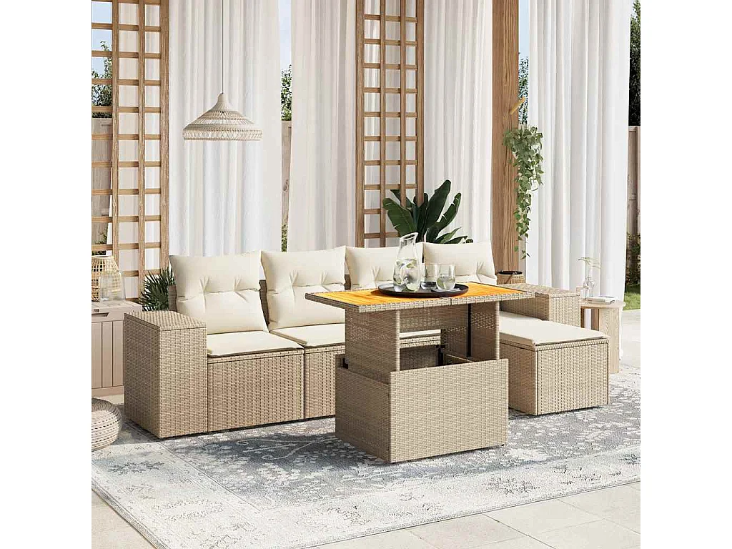 Set Divano da Giardino 6 pz con Cuscini Beige in Polyrattan