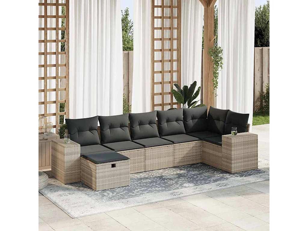 Salon de jardin avec coussins 7 pcs gris clair résine tressée