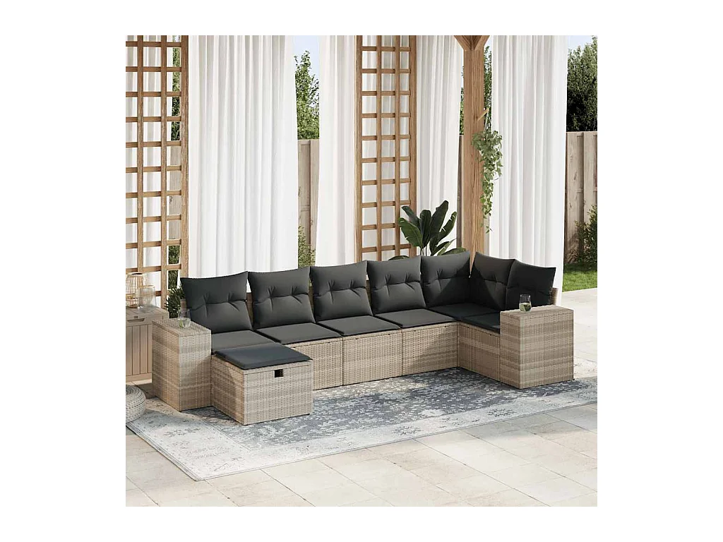Salon de jardin avec coussins 7 pcs gris clair résine tressée