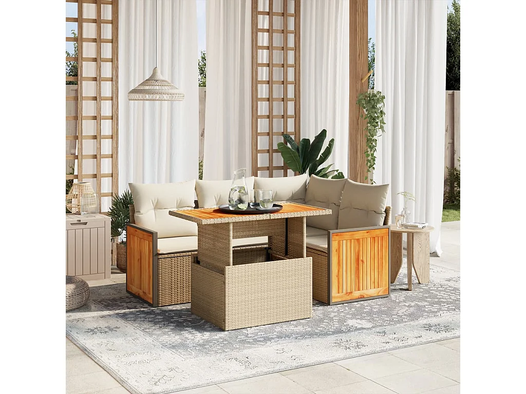 Salon de jardin avec coussins 5 pcs beige résine tressée