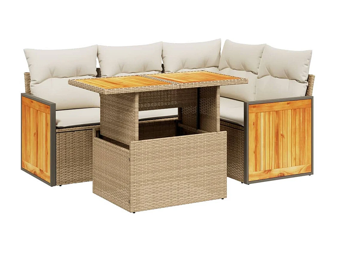 Salon de jardin avec coussins 5 pcs beige résine tressée