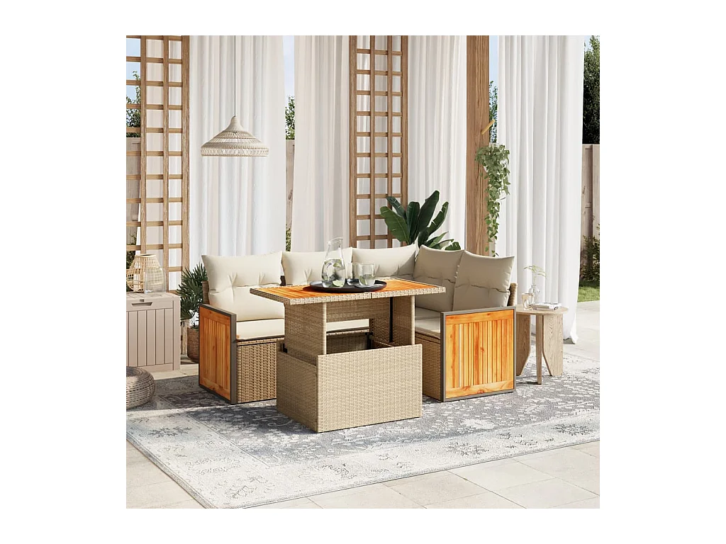 Salon de jardin avec coussins 5 pcs beige résine tressée