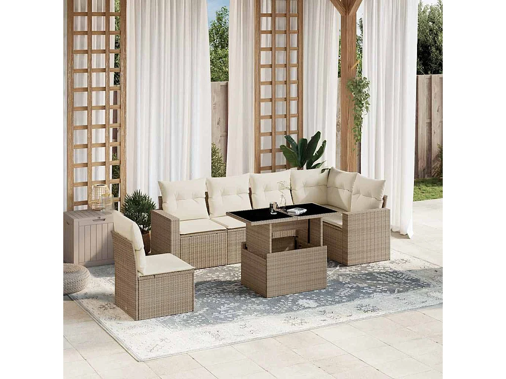 Salon de jardin avec coussins 7 pcs beige résine tressée