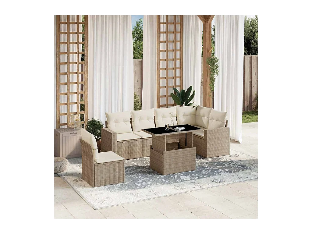 Salon de jardin avec coussins 7 pcs beige résine tressée