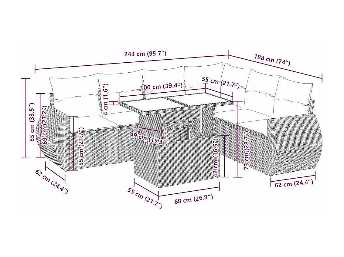 Set Divani da Giardino con Cuscini 7pz Nero Polyrattan