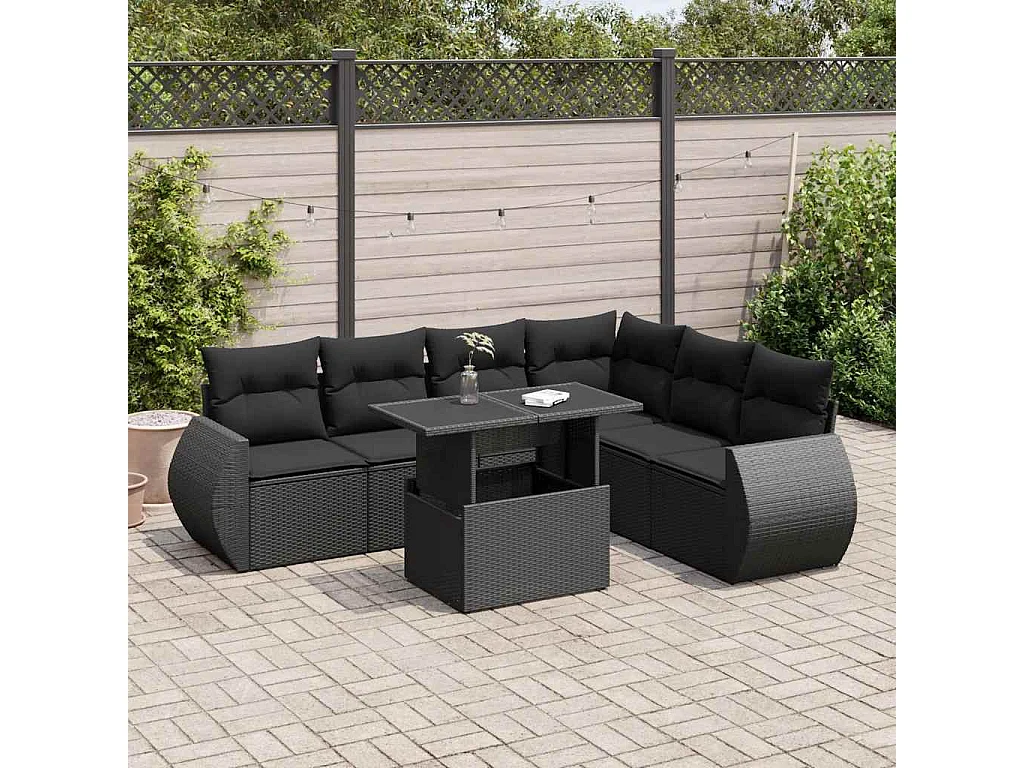 Salon de jardin 7 pcs avec coussins noir résine tressée