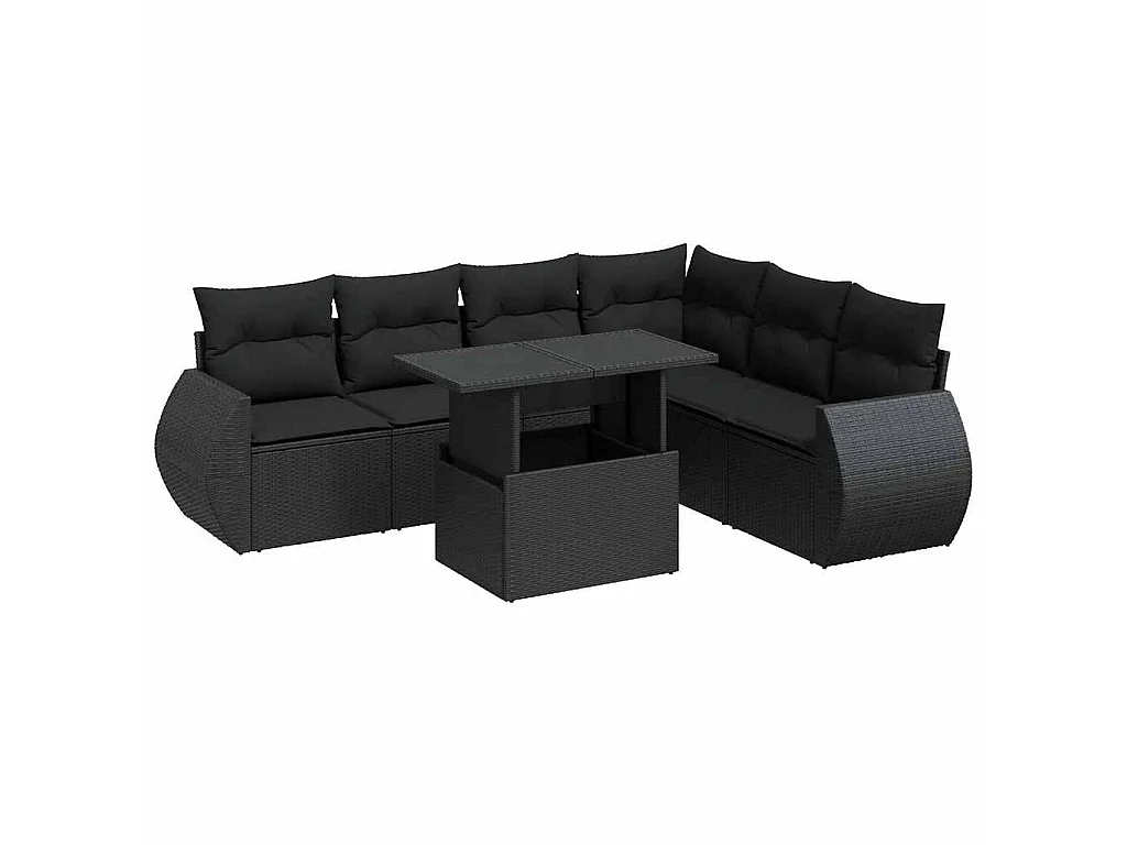 7-tlg. Garten-Sofagarnitur mit Kissen Schwarz Poly Rattan