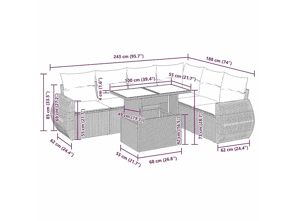 7-tlg. Garten-Sofagarnitur mit Kissen Schwarz Poly Rattan