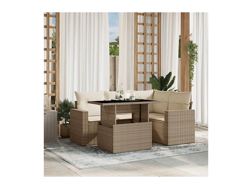 Salon de jardin avec coussins 5 pcs beige résine tressée