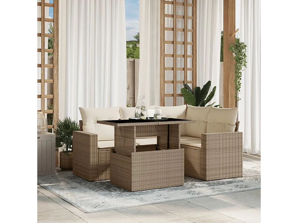 Set Divano da Giardino 5 pz con Cuscini Beige in Polyrattan