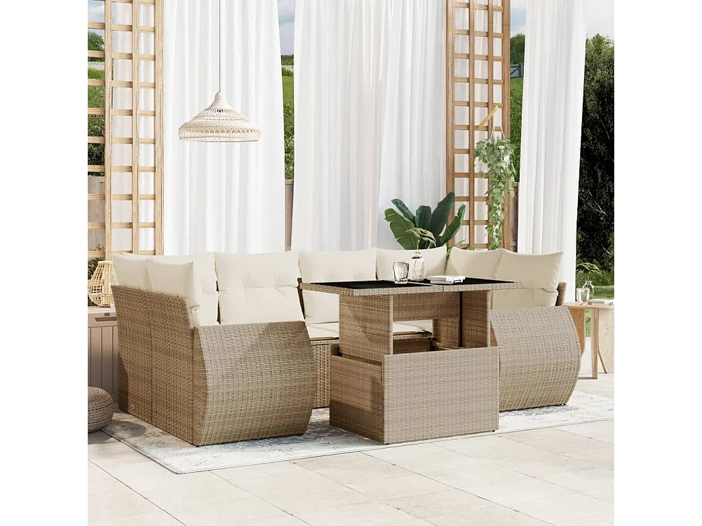 Salon de jardin avec coussins 7 pcs beige résine tressée
