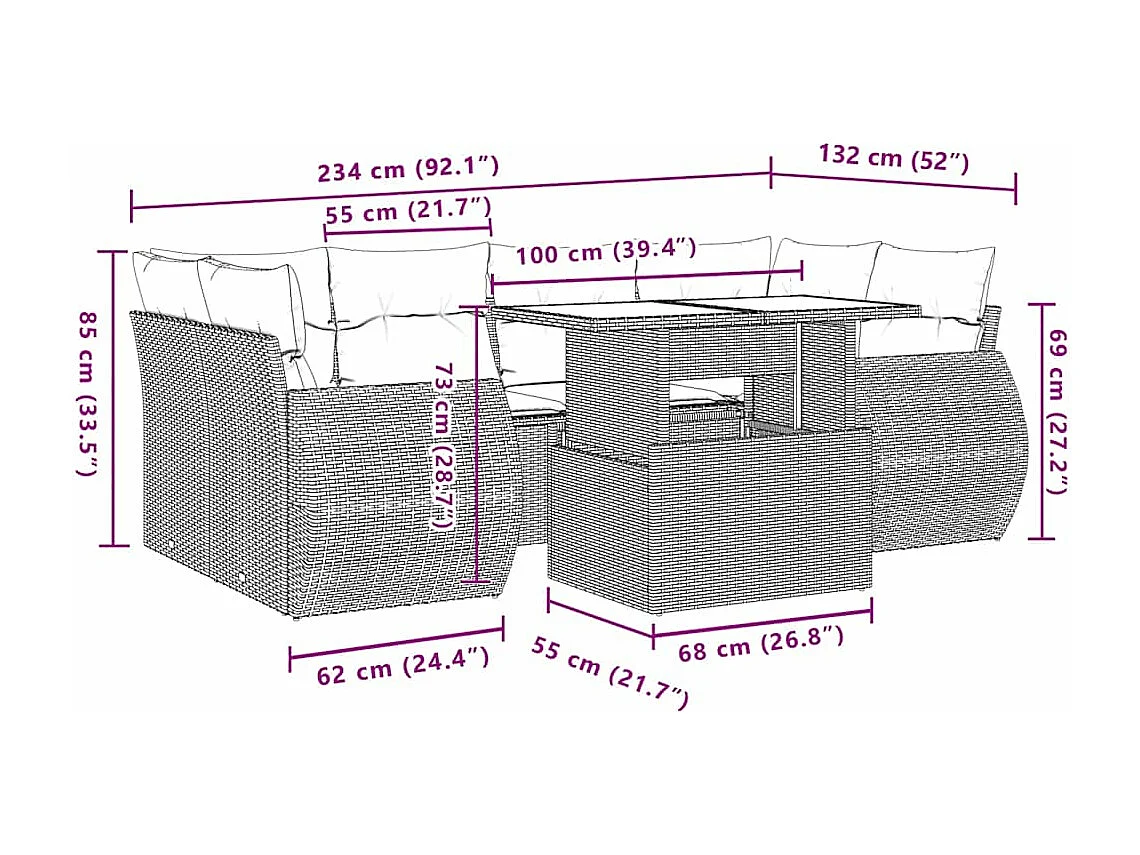 Salon de jardin avec coussins 7 pcs beige résine tressée