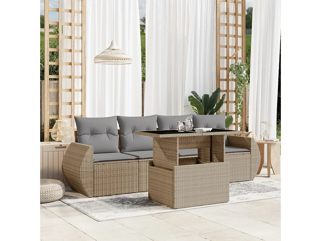 Salon de jardin avec coussins 5 pcs beige résine tressée