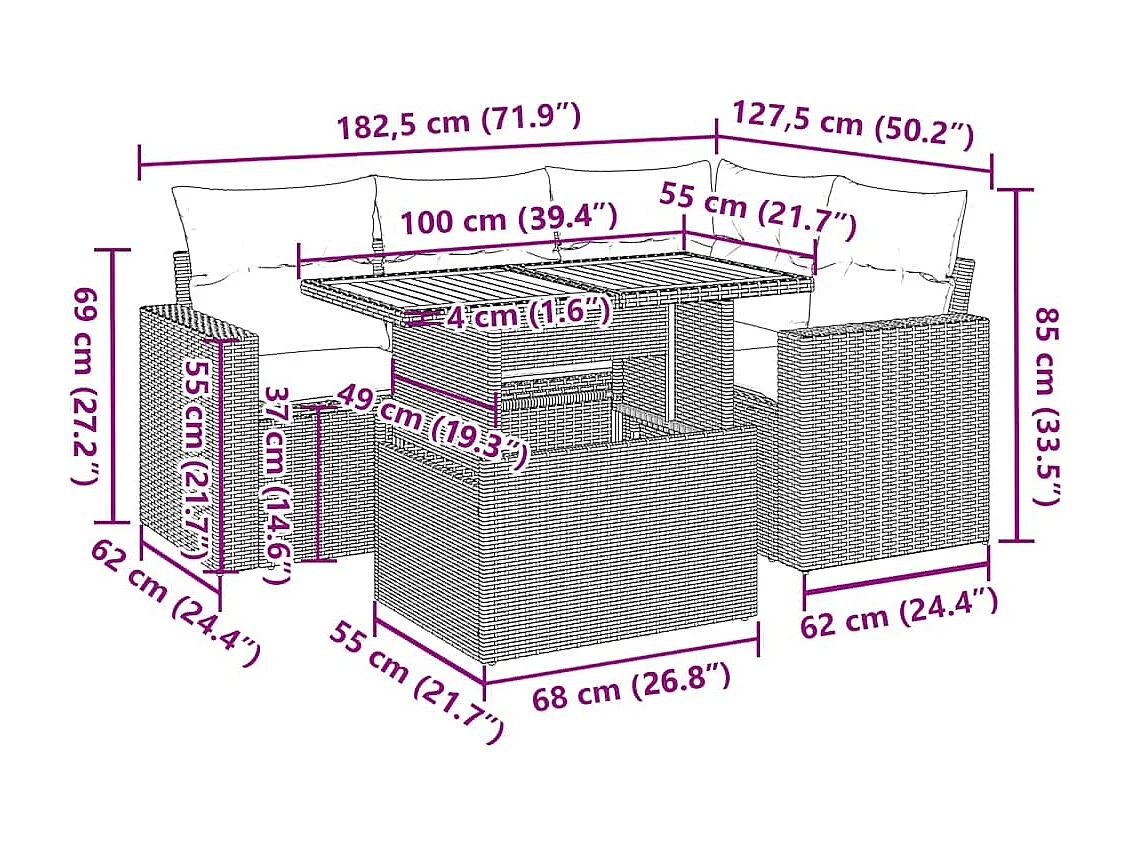 Salon de jardin 5 pcs avec coussins noir résine tressée