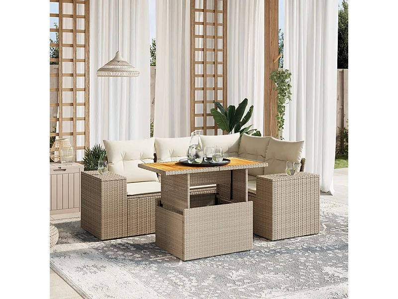 Salon de jardin avec coussins 5 pcs beige résine tressée