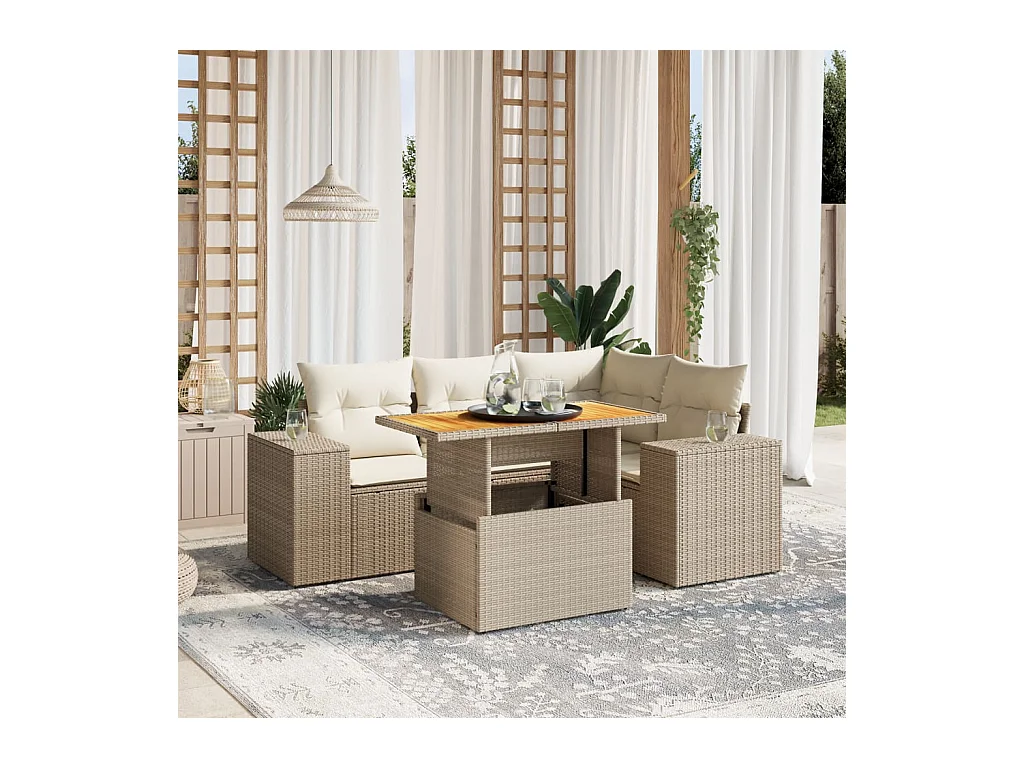 5-delige Loungeset met kussens poly rattan beige