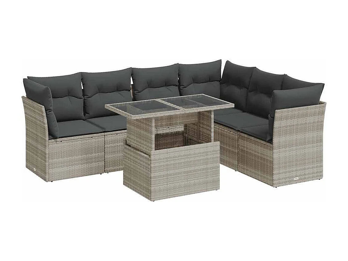 7-tlg. Garten-Sofagarnitur mit Kissen Hellgrau Poly Rattan