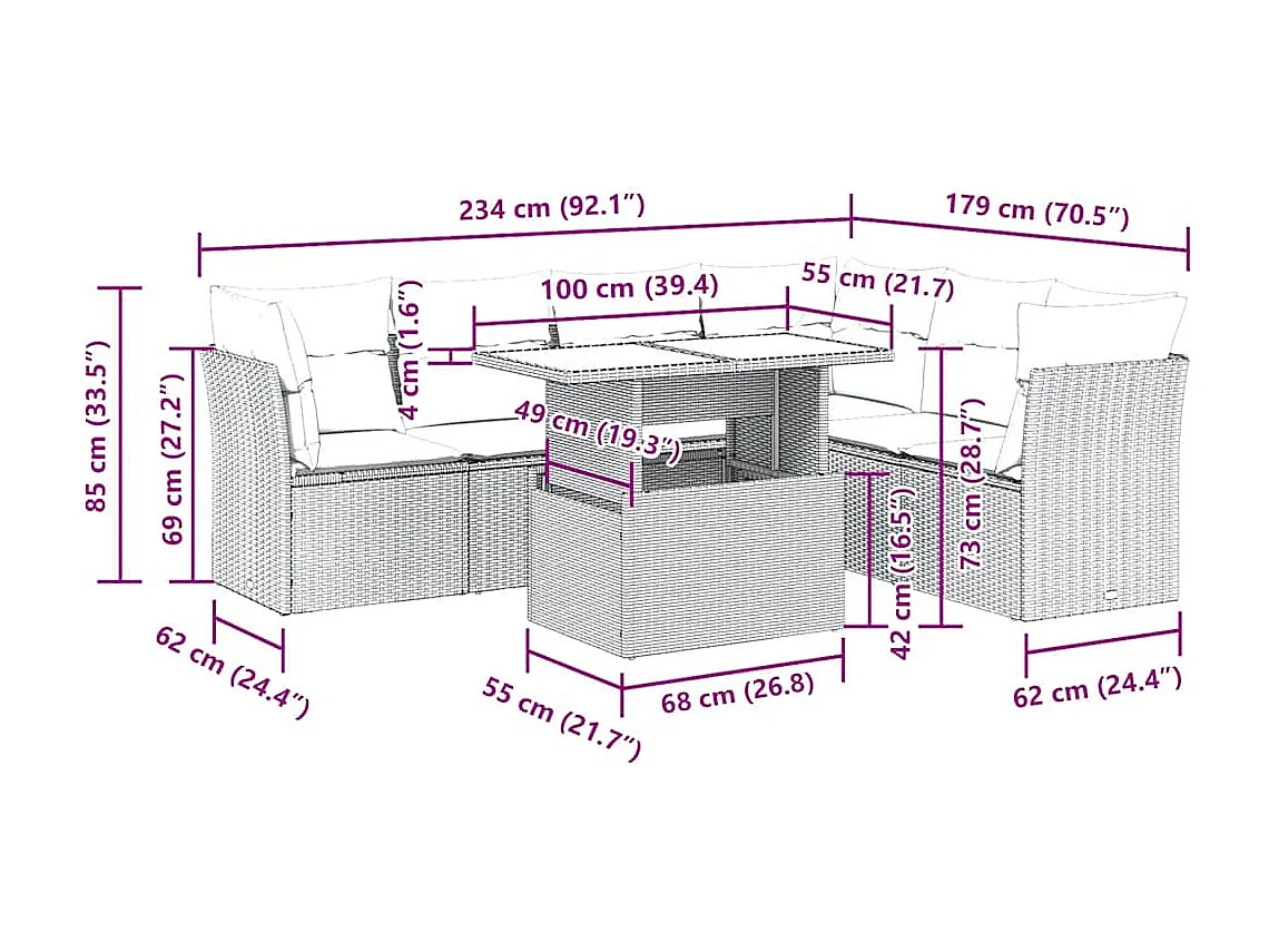 7-delige Loungeset met kussens poly rattan lichtgrijs