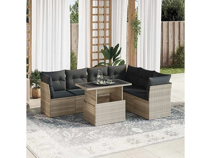 Salon de jardin avec coussins 7 pcs gris clair résine tressée