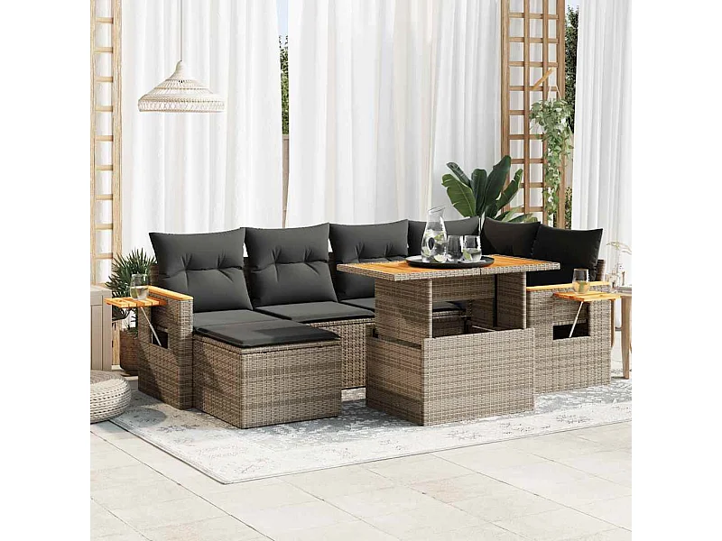 Salon de jardin avec coussins 7 pcs gris résine tressée acacia