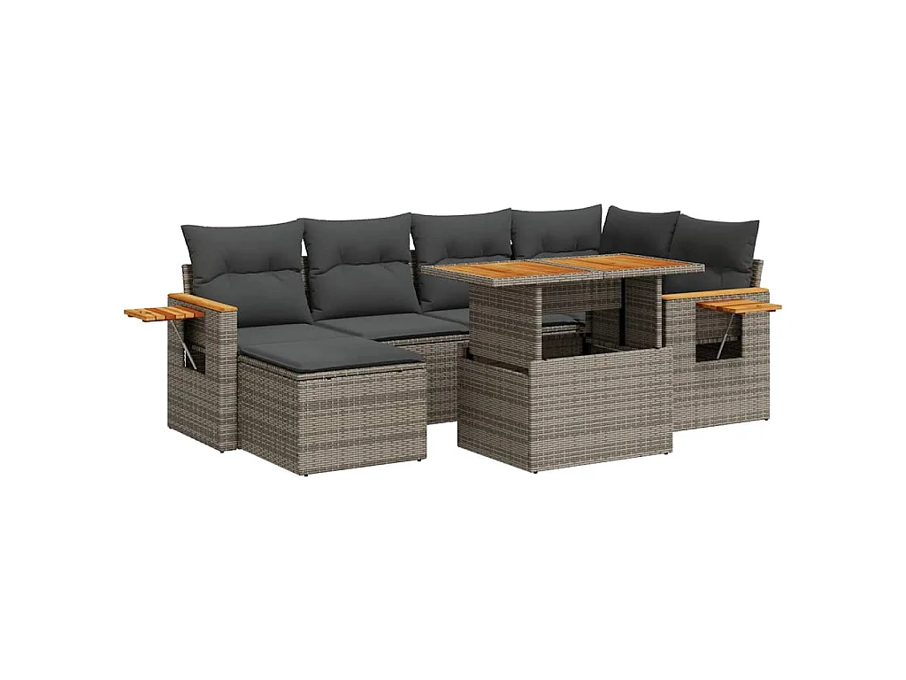 Set Divani da Giardino 7pz con Cuscini Grigio Polyrattan Acacia