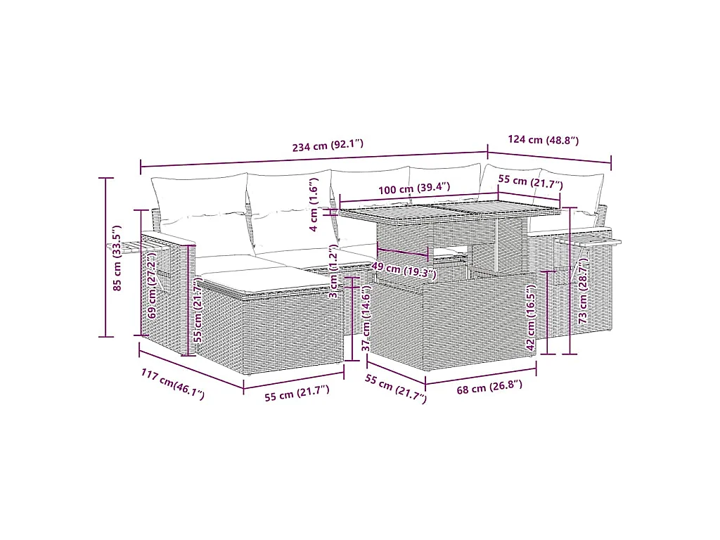 Set Divani da Giardino 7pz con Cuscini Grigio Polyrattan Acacia