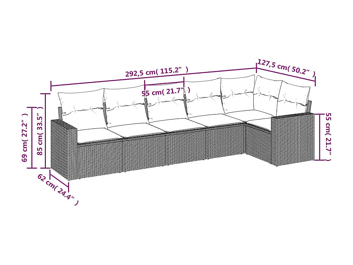 Set de sofás de jardín 6 pzas y cojines ratán sintético gris