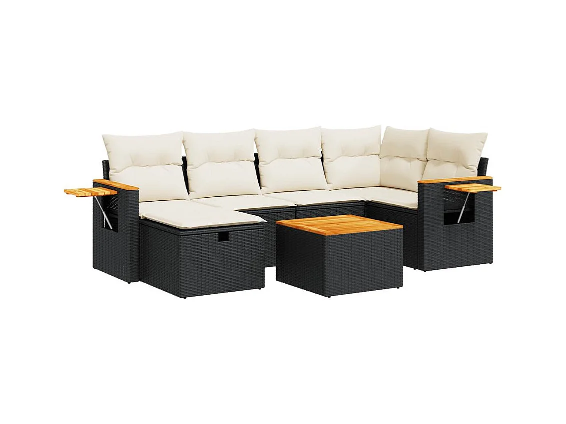 Salon de jardin 7 pcs avec coussins noir résine tressée