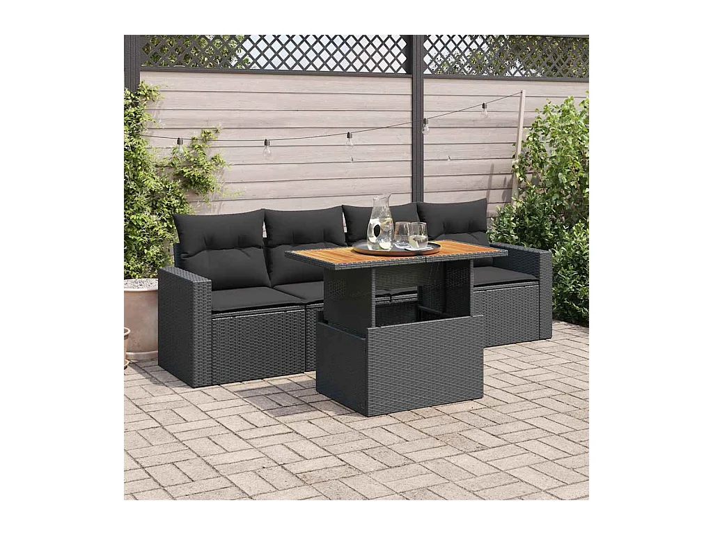 Salon de jardin 5 pcs avec coussins noir résine tressée