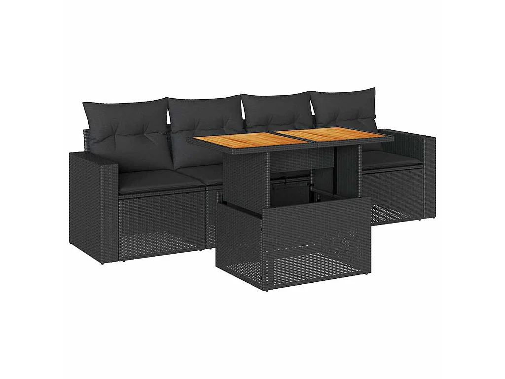5-tlg. Garten-Sofagarnitur mit Kissen Schwarz Poly Rattan