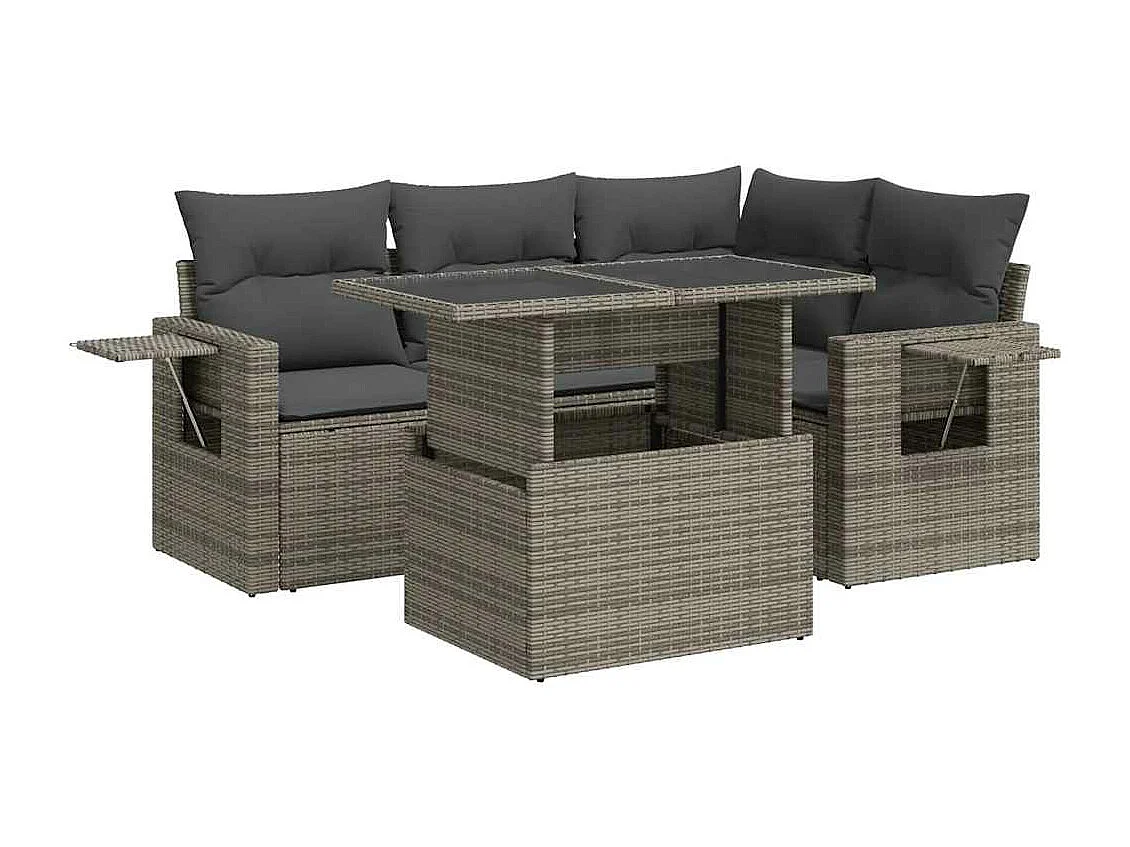 Salon de jardin 5 pcs avec coussins gris résine tressée