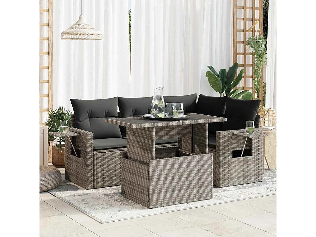 Salon de jardin 5 pcs avec coussins gris résine tressée