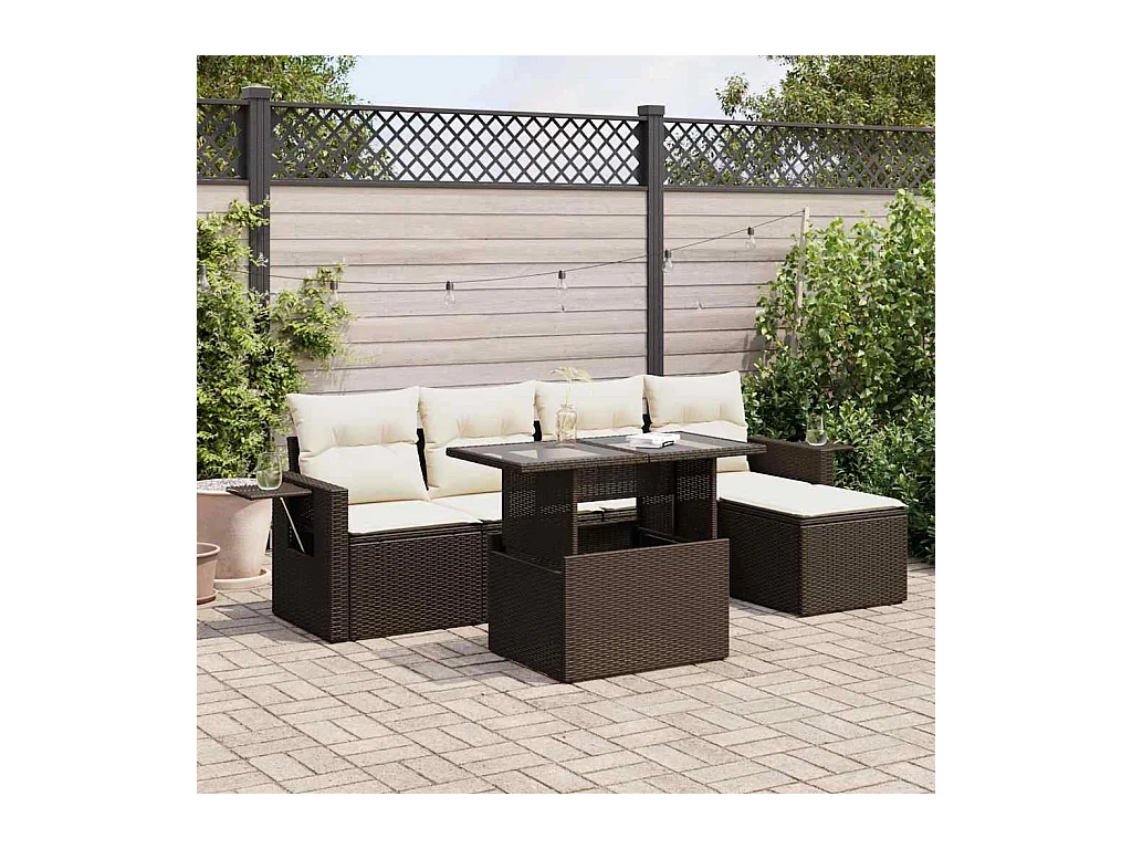 6-delige Loungeset met kussens poly rattan bruin