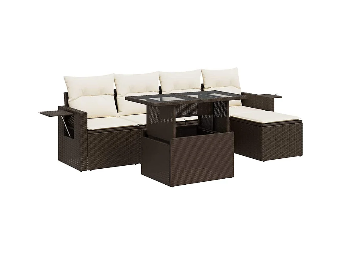 Salon de jardin avec coussins 6 pcs marron résine tressée