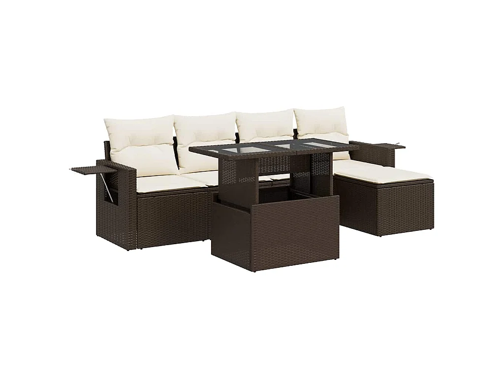 6-delige Loungeset met kussens poly rattan bruin