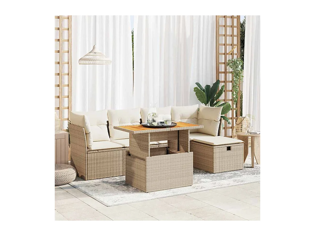 Set Divano da Giardino 6 pz con Cuscini Beige Polyrattan Acacia