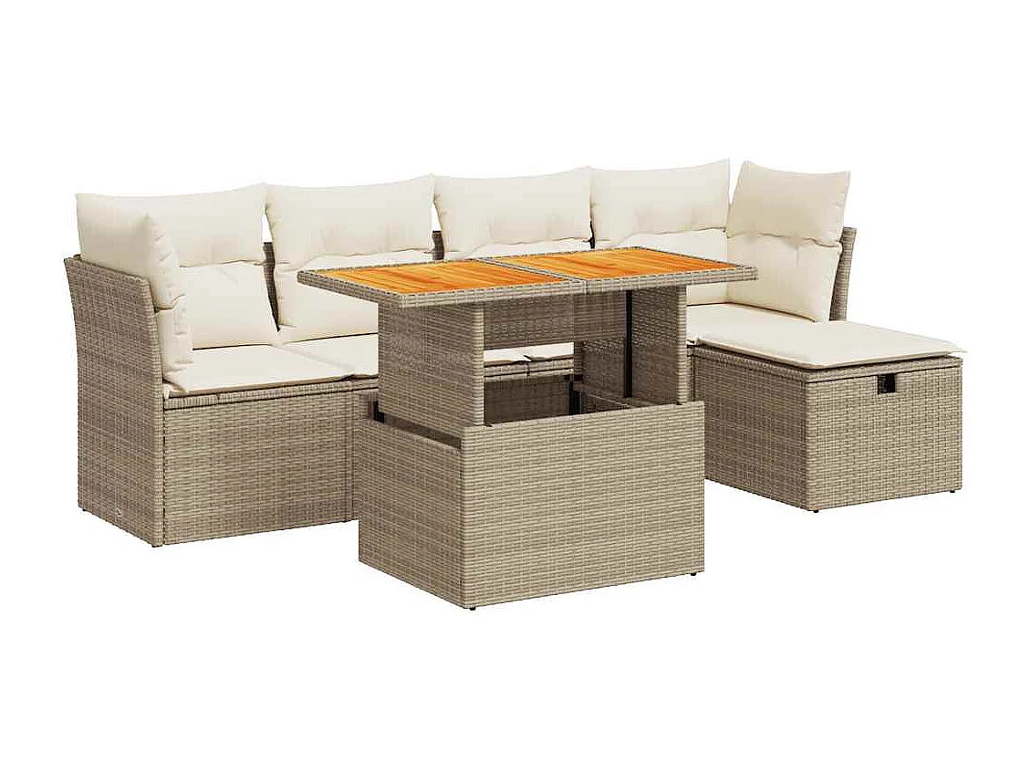 6-tlg. Garten-Sofagarnitur mit Kissen Beige Poly Rattan Akazie
