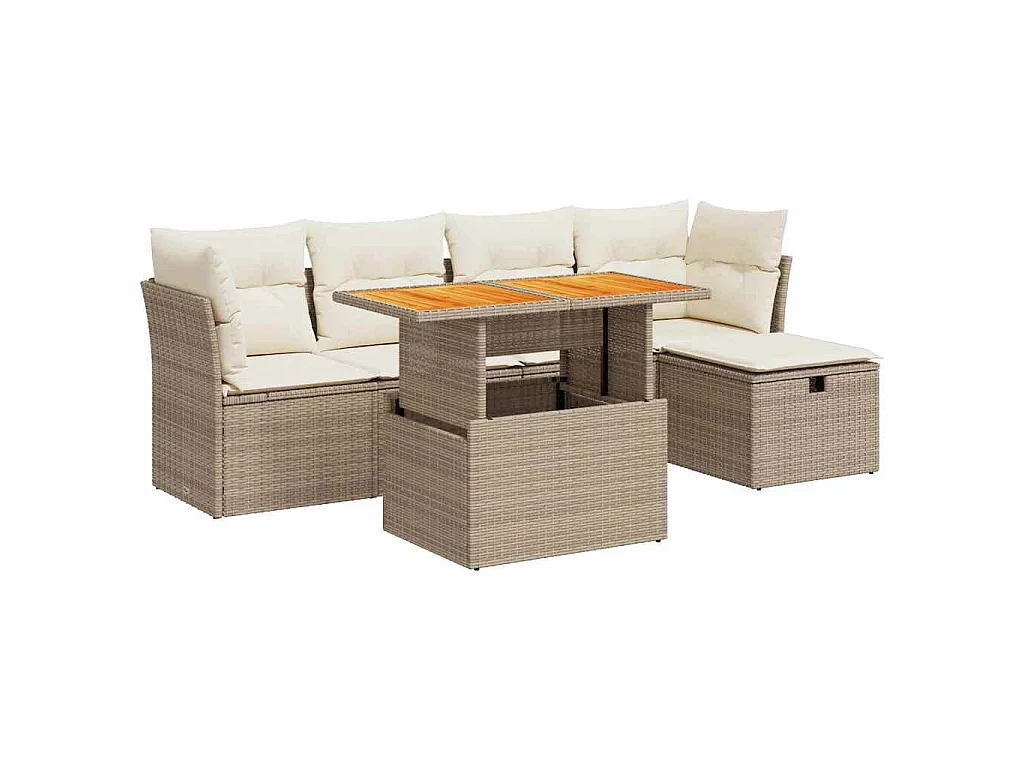 6-delige Loungeset met kussens poly rattan acacia beige