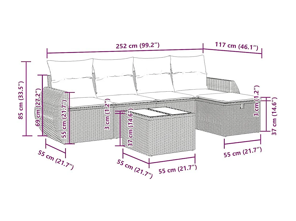 6-delige Loungeset met kussens poly rattan bruin