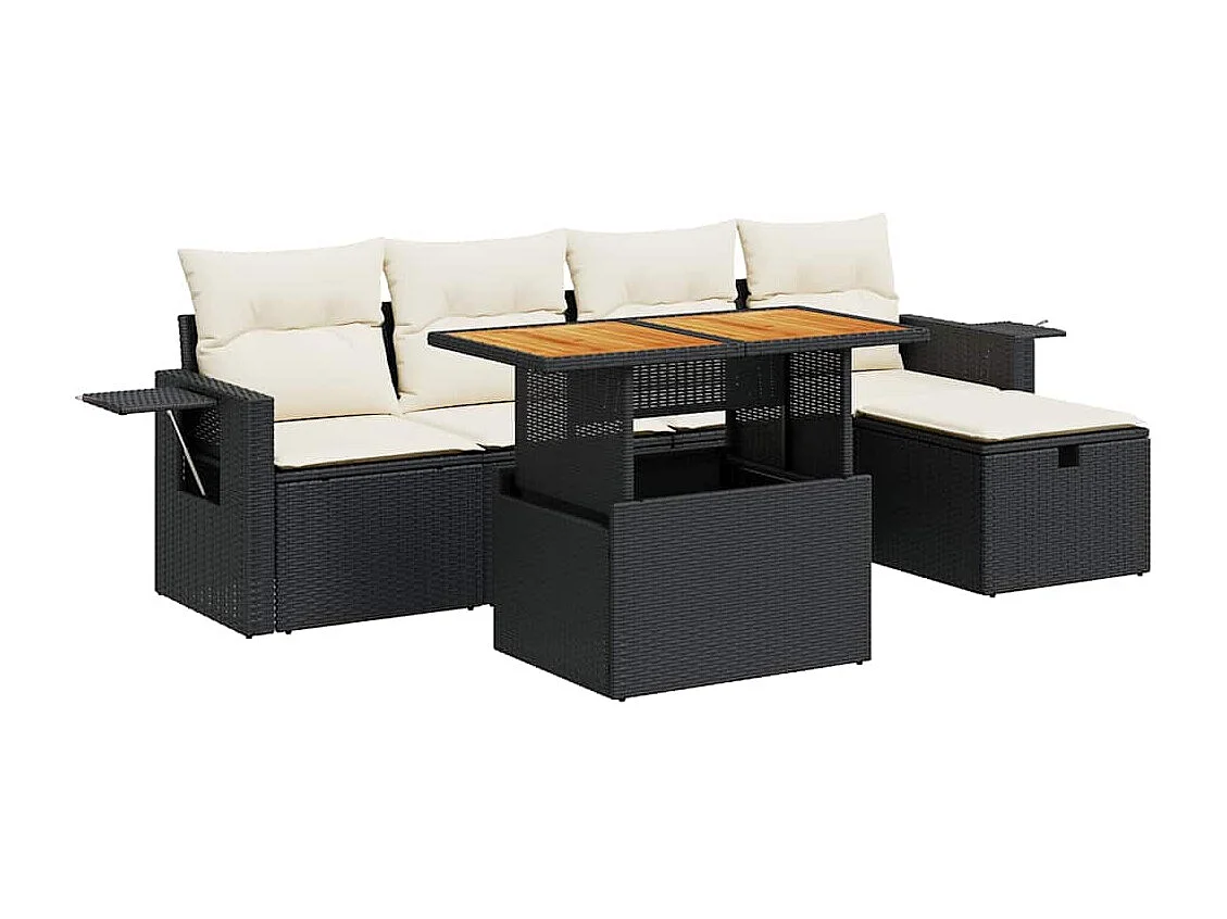 Set Divano da Giardino 6 pz con Cuscini Nero Polyrattan Acacia