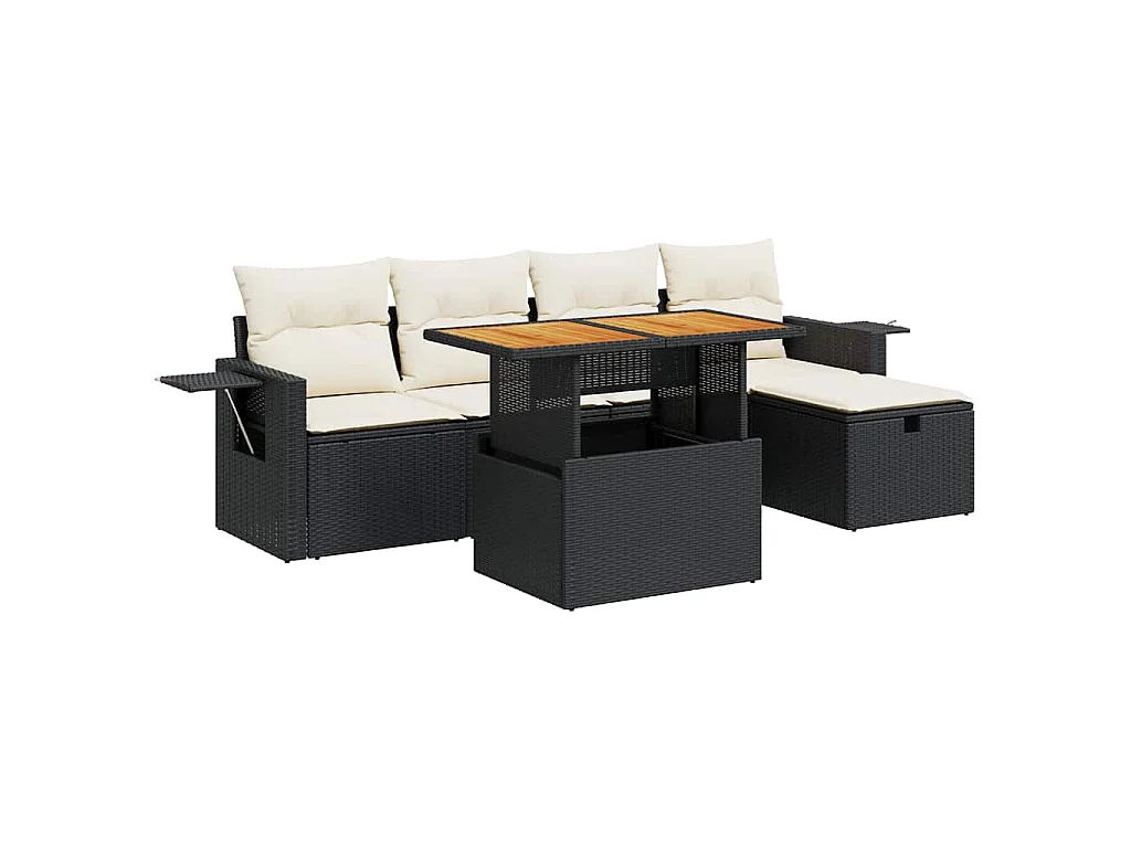6-delige Loungeset met kussens poly rattan acacia zwart