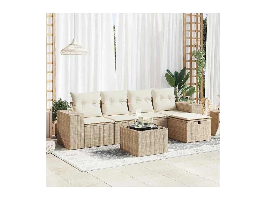 6-tlg. Garten-Sofagarnitur mit Kissen Beige Poly Rattan