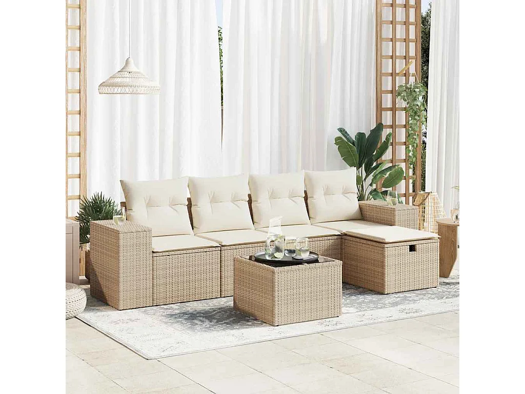 6-tlg. Garten-Sofagarnitur mit Kissen Beige Poly Rattan