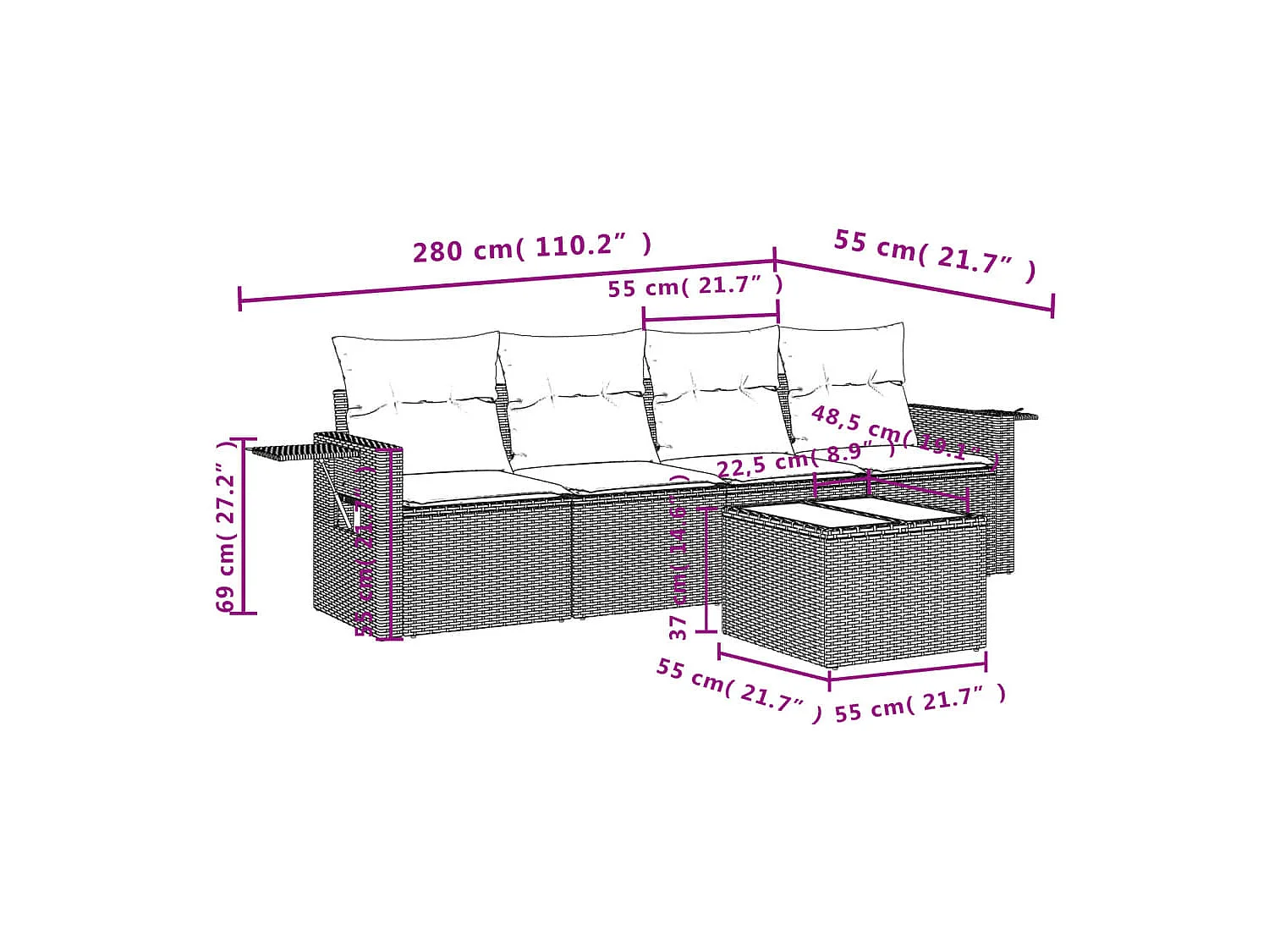 Salon de jardin avec coussins 5 pcs marron résine tressée