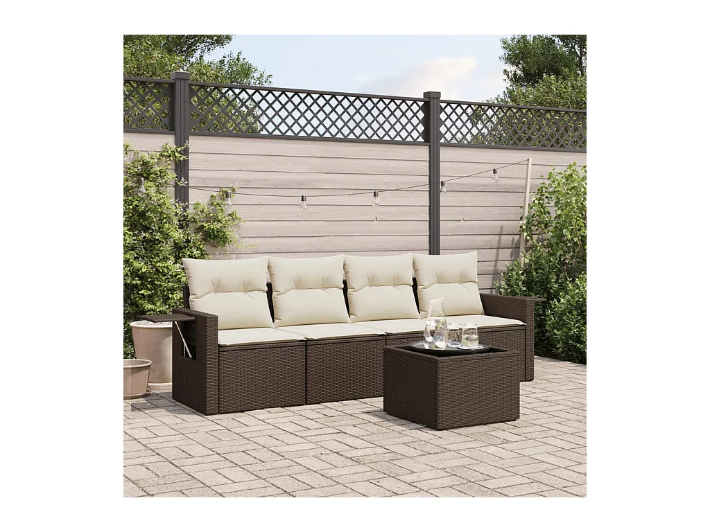 Salon de jardin avec coussins 5 pcs marron résine tressée