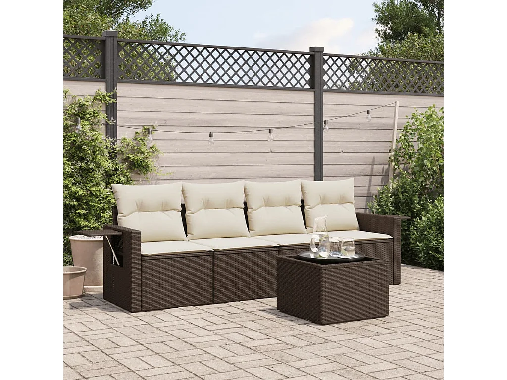 Salon de jardin avec coussins 5 pcs marron résine tressée