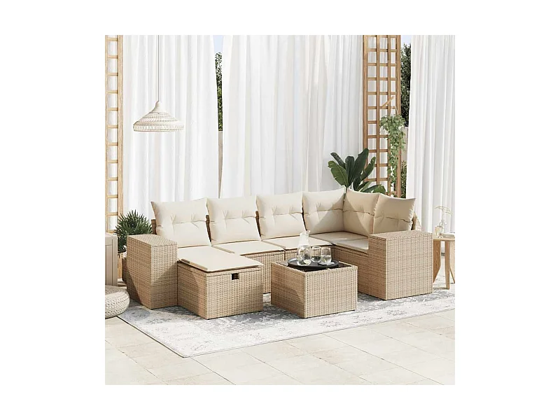 Salon de jardin avec coussins 7 pcs beige résine tressée