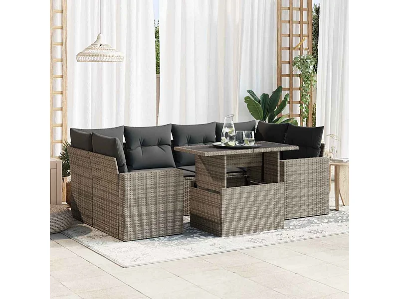 7-tlg. Garten-Sofagarnitur mit Kissen Grau Poly Rattan