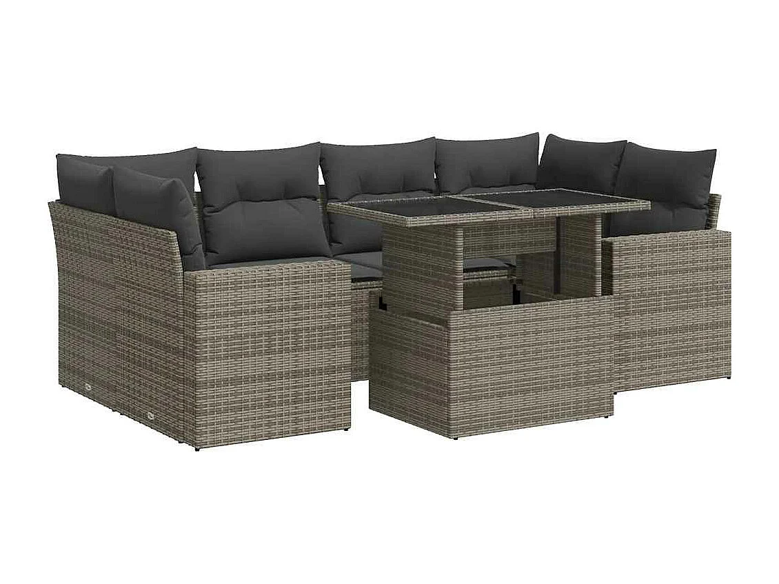 Salon de jardin avec coussins 7 pcs gris résine tressée