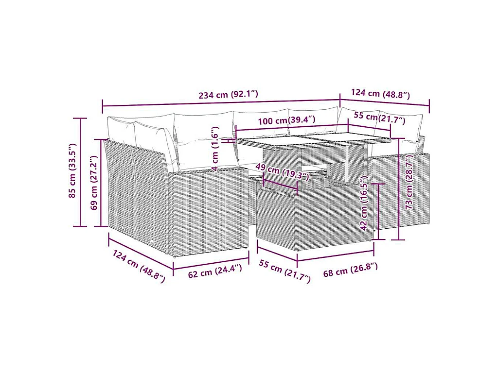 7-tlg. Garten-Sofagarnitur mit Kissen Grau Poly Rattan